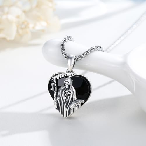 Santa Muerte Necklace for Men Sterling Silver Owl Skull Grim Reaper Pendant Heart Crystal Oxidation Skull Holy Death Scythe Aumelt Charm Necklace Jewelry Gifts for Father's Day Halloween Christmas