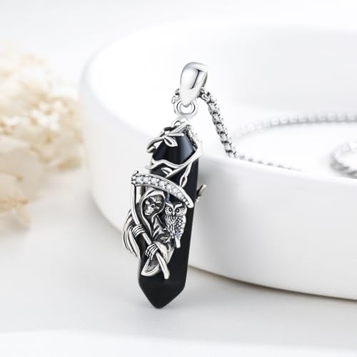 Santa Muerte Necklace for Men Sterling Silver Owl Skull Grim Reaper Pendant Heart Crystal Oxidation Skull Holy Death Scythe Aumelt Charm Necklace Jewelry Gifts for Father's Day Halloween Christmas