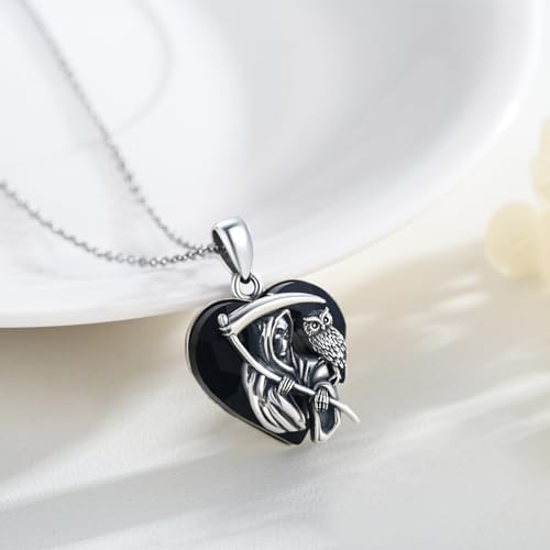 Santa Muerte Necklace for Men Sterling Silver Owl Skull Grim Reaper Pendant Heart Crystal Oxidation Skull Holy Death Scythe Aumelt Charm Necklace Jewelry Gifts for Father's Day Halloween Christmas