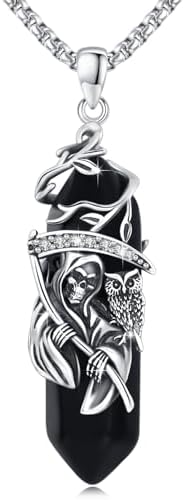Santa Muerte Necklace for Men Sterling Silver Owl Skull Grim Reaper Pendant Heart Crystal Oxidation Skull Holy Death Scythe Aumelt Charm Necklace Jewelry Gifts for Father's Day Halloween Christmas