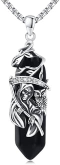 Santa Muerte Necklace for Men Sterling Silver Owl Skull Grim Reaper Pendant Heart Crystal Oxidation Skull Holy Death Scythe Aumelt Charm Necklace Jewelry Gifts for Father's Day Halloween Christmas