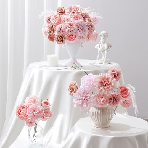 Floweroyal Artificial Flowers Fake Rose Flowers Dahlia with Stems for DIY Wedding Bridal Bouquets, Baby Shower, Floral Arrangement, Table Centerpieces, Home Decorations (Nude Color)