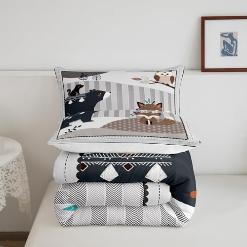 Castle Fairy Cute Animal Bedding Set Full Size,Bear Owl Fox & Plant Comforters for Girls & Teens,Indian Style Down Comforter with 2 Pillowcases