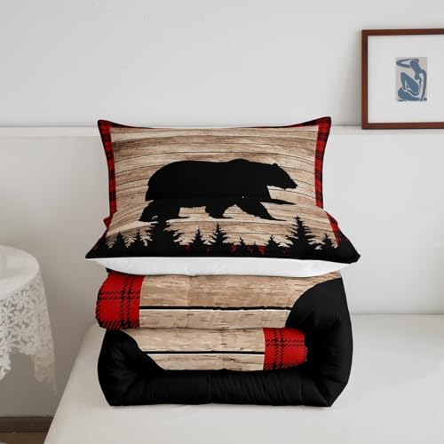 Castle Fairy Kids Bear Silhouette Twin Size Comforter Set,Wildlife Animal Trees Print Duvet Set for Kids Boys Bedroom,Red Black Plaid Retro Board Soft Microfiber Bedding Comforters,2 Pcs