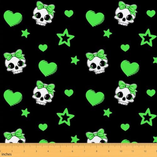 Cute Skeleton Fabric by The Yard,Exotic Skull Star Love Bowknot Print Indoor Fabric,Halloween Soft Polyester No Stretch Fabrics Kids Girls Sewing Lovers,Black Green 2 Yards 72"x59"