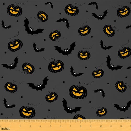 Feelyou Happy Halloween Soft Flannel Fabric by The Yard Kids 5 Yards Stars Printed Pumpkin Lantern Upholstery Fabric for Boys Bat Black Animal Trick or Treat for Home DIY Projects, Indoor Decor