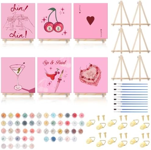 YooNotee 6 Pack Paint by Numbers Kit for Adults Sip and Paint Party 8x8 Inch Canvas with Acrylic Paints Brushes & Easels, Cocktail Wine Cake Floral Themed Painting Set for Girls Night