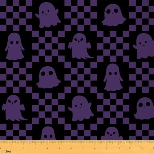 Feelyou Happy Halloween Soft Flannel Fabric by The Yard Kids 5 Yards Cute Checkered Ghost Upholstery Fabric Black Purple Checkerboard Plaid Trick or Treat for Home DIY Projects, Indoor Decor