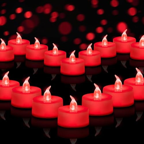 Tea Lights Battery Operated Candles LED Tea Lights Flameless Candles 200+ Hours Flickering Fake Tealights for Sweetest Day Wedding Home Decorations Party (Red Base, 24 Pack)