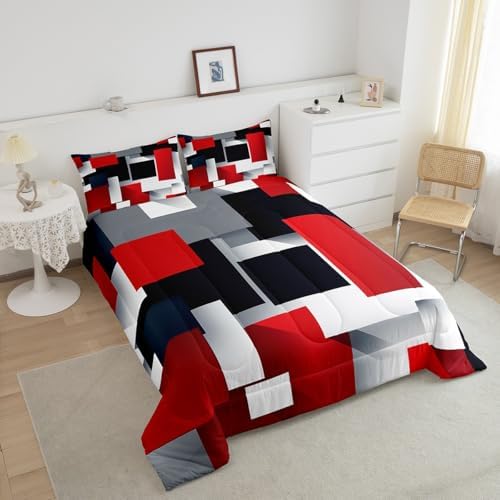 Kids 3D Geometric Comforter Set Twin Size,Red Black Grey Abstract Square Quilt Set for Kids Boys Bedroom Decor Xmas Gift,Colorful Plaid Print Polyester Bedding Set with 1 Pillowcase, 2 Piece