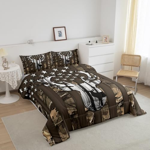 Camo American Flag Twin Comforter Set Boys,Deer Antlers Brown Camouflage Quilt Set Flags for Room Teens,Wild Animal Hunting Rustic Farm Branches Leaves Plant Stars Stripes USA Flag Bedding Set