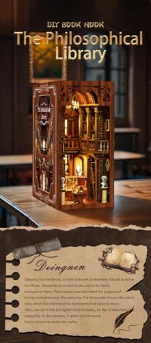 Philosophical Library Book Nook DIY Kit - 3D Wooden Bookshelf Insert with LED Lights, Vintage Study Room Decor for Adult