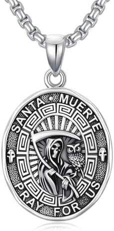 Santa Muerte Necklace for Men Sterling Silver Owl Skull Grim Reaper Pendant Heart Crystal Oxidation Skull Holy Death Scythe Aumelt Charm Necklace Jewelry Gifts for Father's Day Halloween Christmas