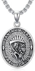 Santa Muerte Necklace for Men Sterling Silver Owl Skull Grim Reaper Pendant Heart Crystal Oxidation Skull Holy Death Scythe Aumelt Charm Necklace Jewelry Gifts for Father's Day Halloween Christmas