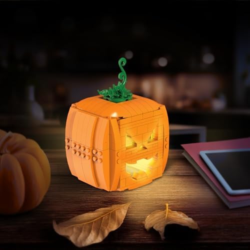 Brickcraft Brick O’-Lantern Building Kit, 233 Pieces | Halloween Pumpkin Decoration with 3 Interchangeable Faces & 2 Flickering Light Bricks | DIY Fall & Thanksgiving Jack-O’-Lantern Gift, Ages 8+