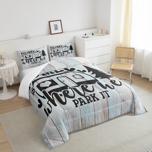 Farmhouse Rustic Camping Twin Size Comforter Set,Funny Home Where We Park It Duvet/Quilt Set for Kids Boys Bedroom,Explore Camper Gifts RV Life Soft Microfiber Bedding Comforters,2 Pcs