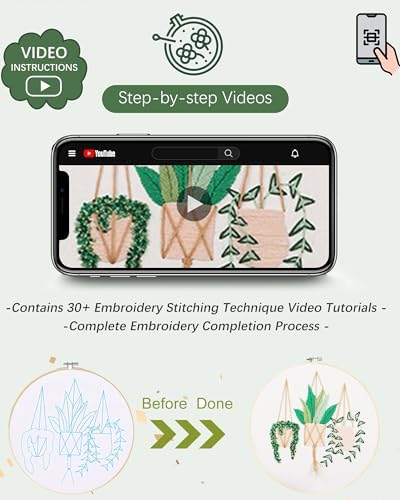 Santune 3 Sets Embroidery Kit for Beginners Needlepoint Cross Stitch Kits for Adults,Stitch Learning DIY Sets with Instruction Video,Stamped Floral Patterns,Hoop,Threads,Sewing Kit