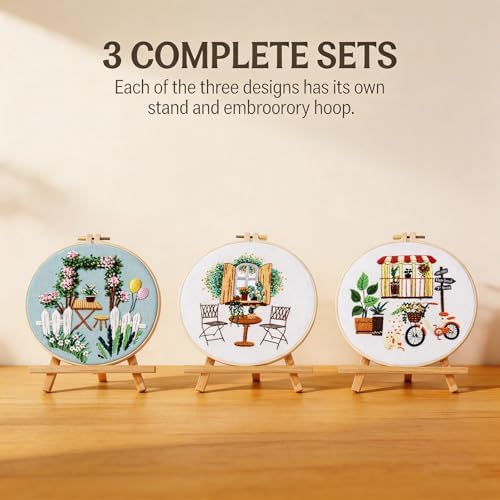 Qupace 3 Pcs Farmhouse Kits for Woman,Beginner Embroidery Kits for Adults,Garden Balcony Scene Pattern Cross Stitch, Green Themed Needlework Sewing Craft Kit