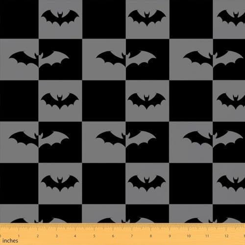 Halloween Bats Fabric by The Yard Cartoon Animal Silhouette No Stretch Fabric for Sewing Supplies Black Grey Checkered Soft Durable Polyester for Home DIY Projects 2 Yards Bolt,72" L x 59" W