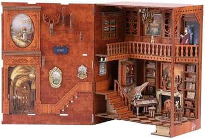 Grimm's Fairy Tale Book Nook Kit - 3D Wooden DIY Miniature Library with LED Lights, Vintage Bookshelf Decor for Adults