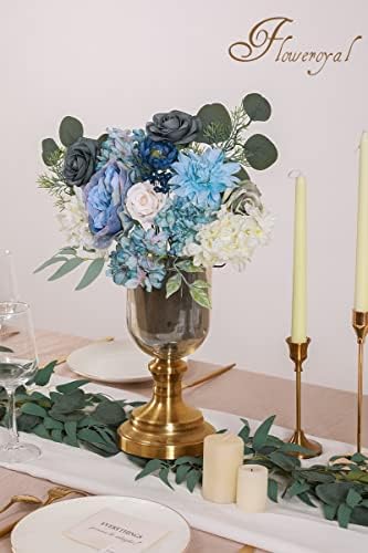 Floweroyal Artificial Flowers Combo Dusty Blue Flowers Mix Silk Flowers Dahlia Roses with Stems for DIY Wedding Bridal Bouquets, Baby Shower, Floral Arrangement, Table Centerpieces, Home Decorations.