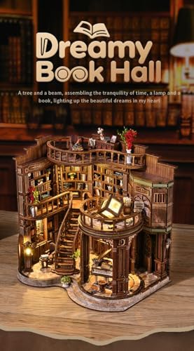 Book Nook Vintage Library Wooden DIY Kit - 3D Bookshelf Model with LED Lighting, Classic Study Room Decor for Adults