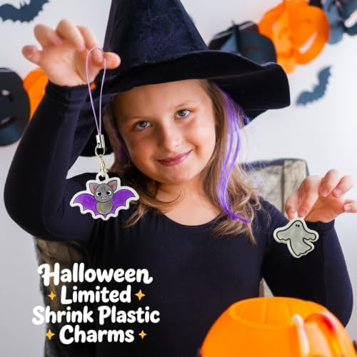 Yrinfay DIY Halloween Shrinking Plastic Art Kit - 44 Pre-Cut Shapes, 12 Markers & Accessories - Make Charms, Keychains & Tags - No-Mess Craft for Kids - Birthday Gift with Shrinking Plastic Sheets