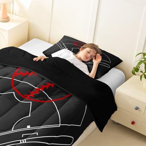 Baseball Field Print Comforter Set Twin Size,Boys Ball Sports Games Themed Quilt Set for Kids Boys Bedroom Collection,Red Baseball Bat Sporting Equipment Soft Bedding Set with 1 Pillowcase
