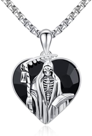 Santa Muerte Necklace for Men Sterling Silver Owl Skull Grim Reaper Pendant Heart Crystal Oxidation Skull Holy Death Scythe Aumelt Charm Necklace Jewelry Gifts for Father's Day Halloween Christmas