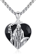 Santa Muerte Necklace for Men Sterling Silver Owl Skull Grim Reaper Pendant Heart Crystal Oxidation Skull Holy Death Scythe Aumelt Charm Necklace Jewelry Gifts for Father's Day Halloween Christmas