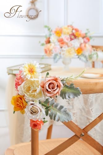 Floweroyal Artificial Flowers Combo Champagne Flowers Mix Silk Flowers Dahlia Roses with Stems for DIY Wedding Bridal Bouquets, Baby Shower, Floral Arrangement, Table Centerpieces, Home Decorations.