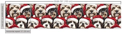 Lunarable Christmas Fabric by The Yard, Illustration Print Whimsical Happy Dogs and Puppies with Santa's Hat, Decorative Fabric for Upholstery and Home Accents, 1 Yard, Ruby Black and Brown