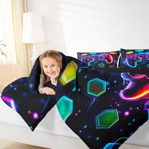 Castle Fairy Boys Gaming Reversible Comforter Set King Size,Video Games Gamepad Print Bedding Set with 2 Pillowcases,Space Galaxy Glow Neon Hexagon Duvet Set Gamer Room Decor,Polyester (Purple Blue)