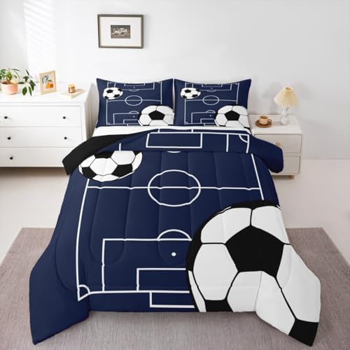 Football Boys Comforter Set, Ball Games Sports Theme Soccer Print Quilt Set for Kids Teens Gamer Room Decor, Football Court Pattern Polyester Bedding Set with 2 Pillowcases, White (King Size)