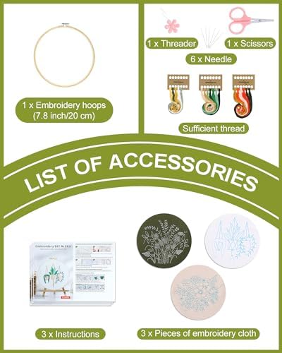 Santune 3 Sets Embroidery Kit for Beginners Needlepoint Cross Stitch Kits for Adults,Stitch Learning DIY Sets with Instruction Video,Stamped Floral Patterns,Hoop,Threads,Sewing Kit
