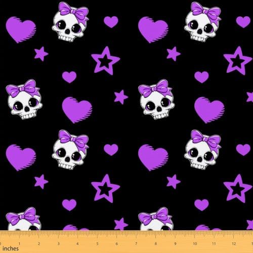Skull Bowknot Fabric by The Yard,Star Love Bowknot Halloween Indoor Outdoor Fabric,Gothic Cartoon Soft Polyester No Stretch Fabrics Kids Girls Sewing Lovers,Black Purple 5 Yards 180"x59"