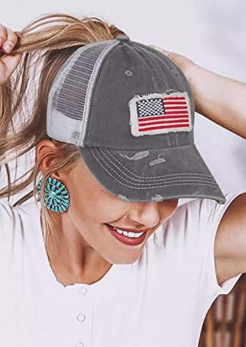 Distressed Ponytail Hat for Women American-Flag Pony Tail Caps High Bun