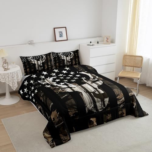 Camo American Flag Twin Comforter Set Boys,Deer Antlers Grey Camouflage Quilt Set Flags for Room Teens,Wild Animal Hunting Rustic Farm Branches Leaves Plant Stars Stripes USA Flag Bedding Set
