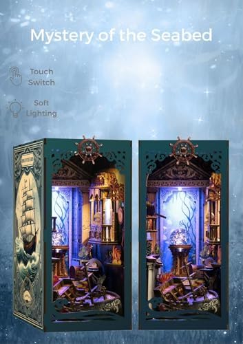Mystic Ocean Diorama Book Nook - 3D LED Seafloor Decor with Shipwheel, Coral & Crystal Ball for Shelf Display