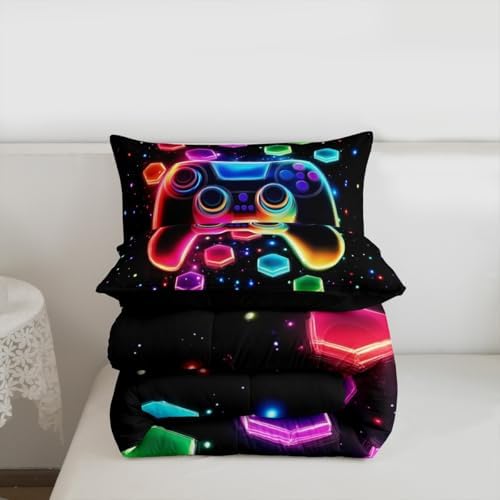 Game Consoles Kids Boys Reversible Comforter Set Full Size,Gaming Bedding Sets Galaxy 3D Neon Honeycomb Video Games Polyester Quilt Set Gamer Room Decor Gifts,2 Pillowcases (Red Green Blue)