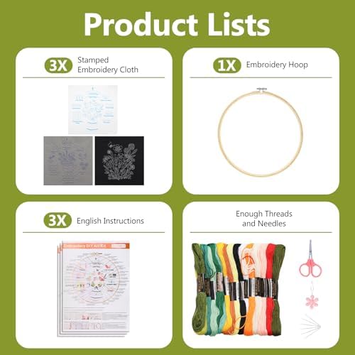 Santune 3 Pack Beginner Embroidery Kits for Adults DIY Starter Kit with 33 Stitch Techniques, Stamped Patterns, Embroidery Hoop, Colorful Threads,Stitch Video Tutorial