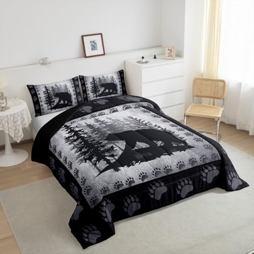 Castle Fairy Bear Print Full Size Kids Comforter Set,Wild Animal Bedding Comforters Pine Trees Retro Bedroom Collection,Rustic Farmhouse Grid Plaid Hunting Cabin Decor Bedding Set for Man Adult, Grey