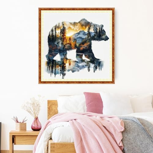 Joyhoor Stamped Cross Stitch Kits for Beginners Needlepoint Kits for Adults Embroidery Kits 11CT Counted Cross Stitch Kits Printed Embroidery Pattern- Abstract Forest Bear 18x18 inch