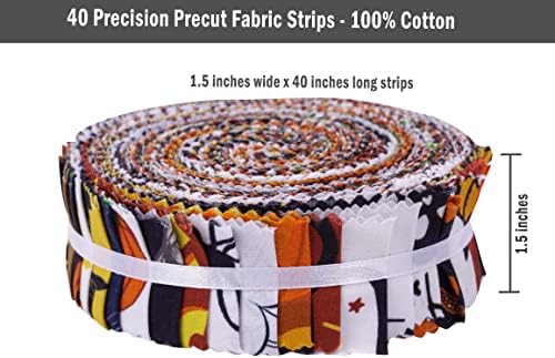 Soimoi 40Pcs Halloween Print Precut Fabrics Strips Roll Up 1.5x42inches Cotton Jelly Rolls for Quilting - Multicolor
