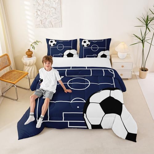 Boys Football Comforter Set Toddler Size Soccer Ball Pattern Down Comforter for Kids Teens Game Room Decor Sports Theme Football Court Bedding Set Polyester Quilt Set with 1 Pillowcase, White