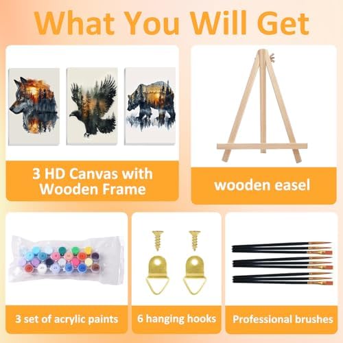 Mandun Animal Paint by Numbers Kit for Adults, 3 Pack, 7.8x11.8 inch
