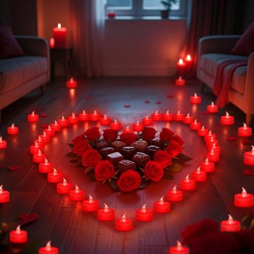 Tea Lights Battery Operated Candles LED Tea Lights Flameless Candles 200+ Hours Flickering Fake Tealights for Sweetest Day Wedding Home Decorations Party (Red Base, 24 Pack)