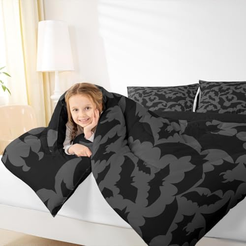 Castle Fairy Halloween Themed Comforter Set Twin Size,Black Bats Animal Print Bedding Set for Kids Boys Men,Dark Grey Color Quilted Duvet Set with 1 Pillowcase