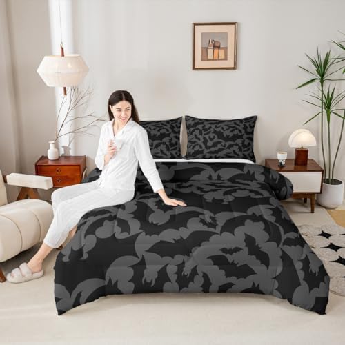 Castle Fairy Halloween Themed Full Size Comforter Set,Black Bats Animal Print Bedding Comforters Bedroom Collection,Dark Grey Color Bedding Set for Girls Teens