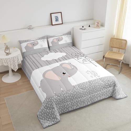 Castle Fairy Cartoon Elephant Comforter Set Twin Size,Kawaii Cute Wild Animal Quilt Set for Kids Boys Bedroom Collection,Grey White Tree Cloud Flower Soft Bedding Set with 1 Pillowcase